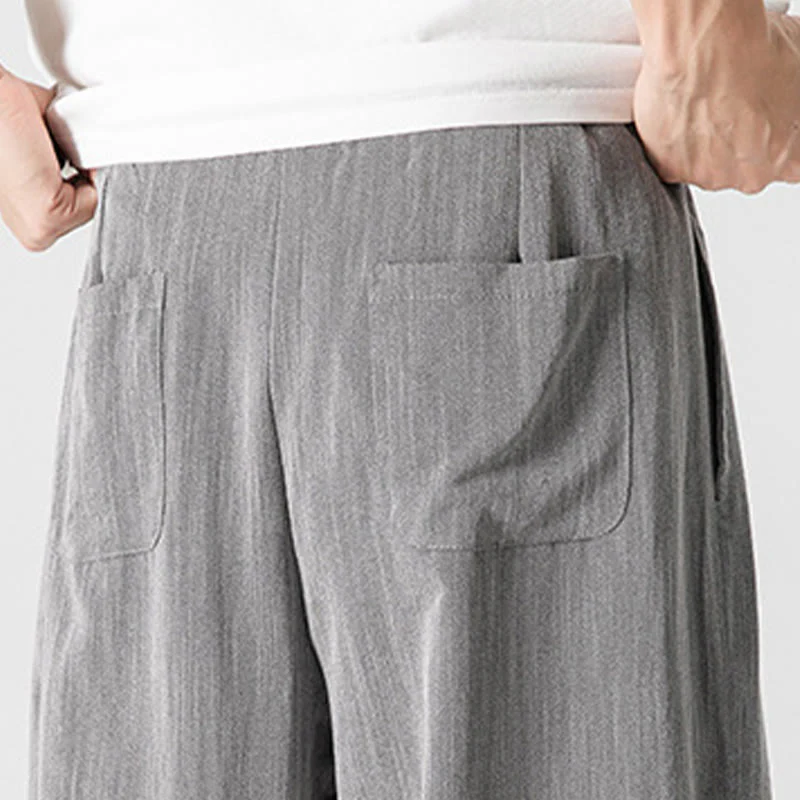 Buddha Stones Summer Casual Plain Straight Leg Design Men's Cotton Linen Drawstring Pants With Pockets
