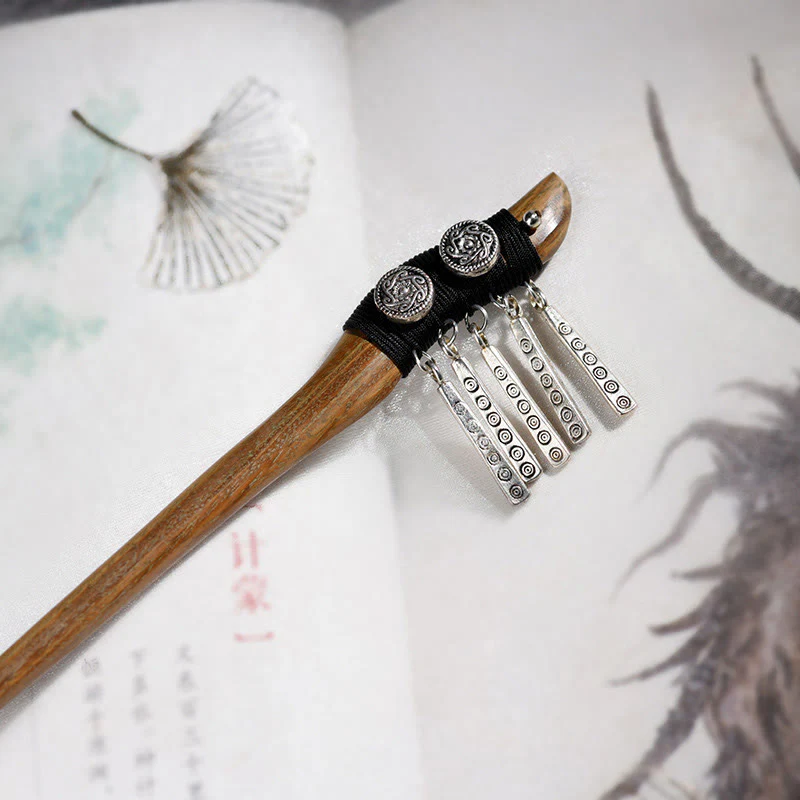 Buddha Stones Silver Tassel Green Sandalwood Soothing Hairpin