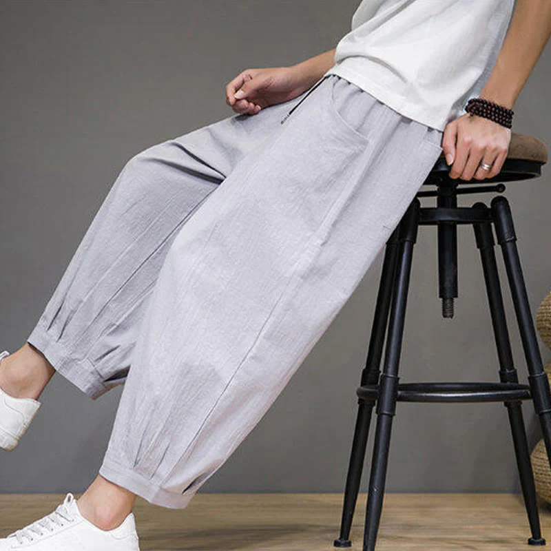 Buddha Stones Casual Plain Men's Cotton 7-8 Length Harem Pants With Pockets