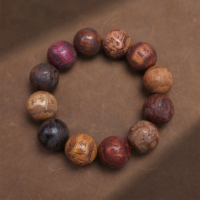 Buddha Stones Carving Sandalwood Chinese Zodiac Auspicious Dragon Phoenix Fu Character Healing Bracelet