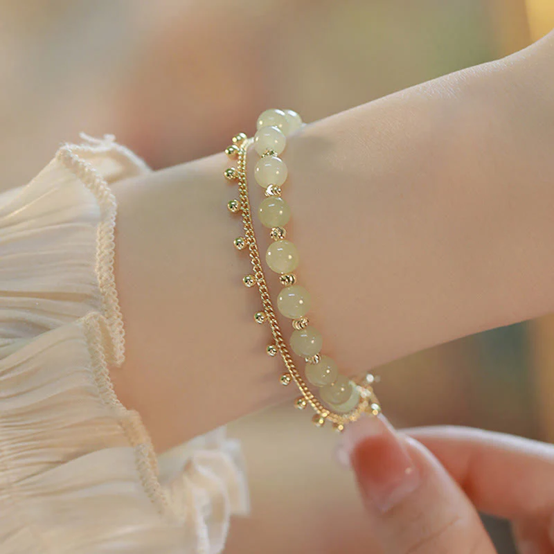 Buddha Stones 14K Gold Plated 2 Layers Hetian Jade Bead Luck Prosperity Bracelet