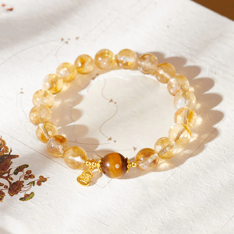 Buddha Stones 925 Sterling Silver Gourd Fu Character Citrine Tiger Eye Prosperity Bracelet