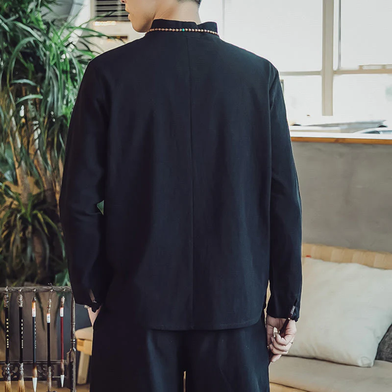 Buddha Stones 2Pcs Cotton Shirt Ankle-Length Pants With Pockets Men's Meditation Cloth Set