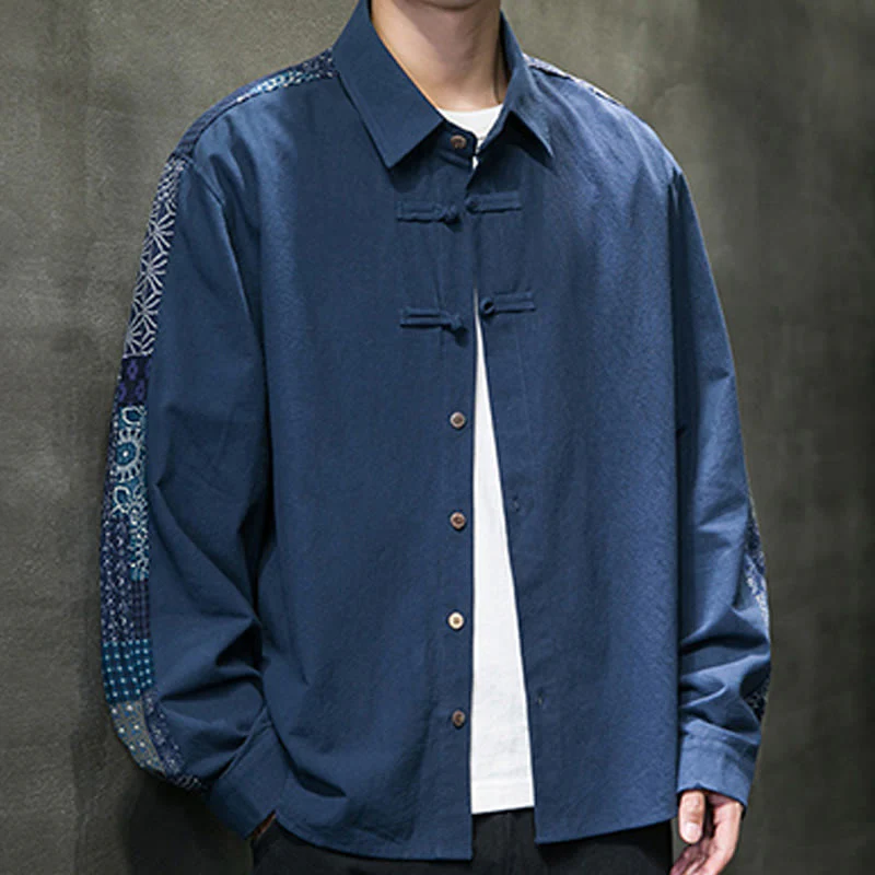 Buddha Stones Men's Flower Pattern Stitching Cotton Blend Long Sleeve Shirt