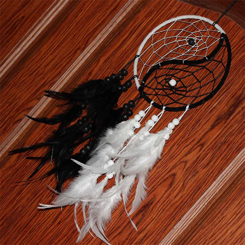 Buddha Stones Yin Yang  Dream Catcher Circular Net with Feathers Balance Decoration