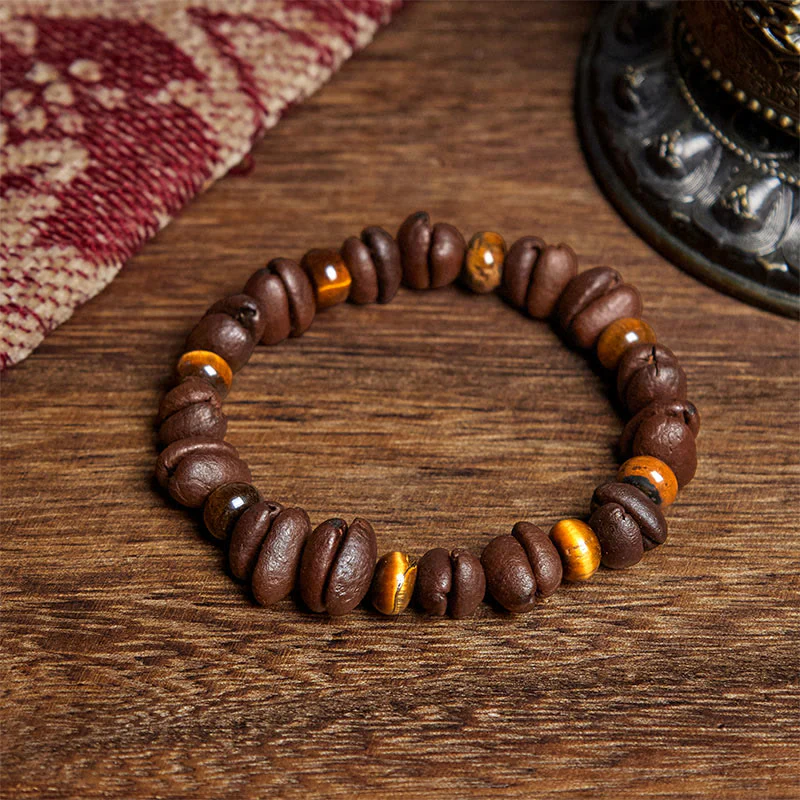Buddha Stones Natural Coffee Beans Tiger Eye Grey Jasper Lava Rock Beads Bracelet