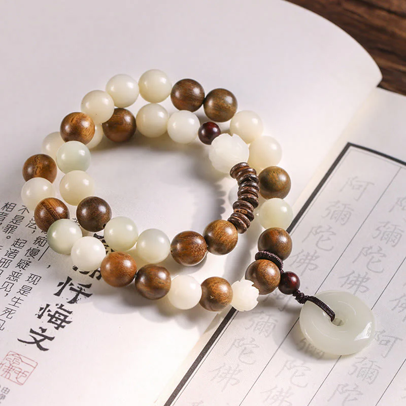 Buddha Stones Bodhi Seed Green Sandalwood Lotus Peace Buckle Harmony Double Wrap Bracelet