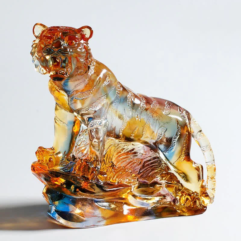 Buddha Stones Handmade Liuli Crystal Tiger Art Piece Protection Home Decoration