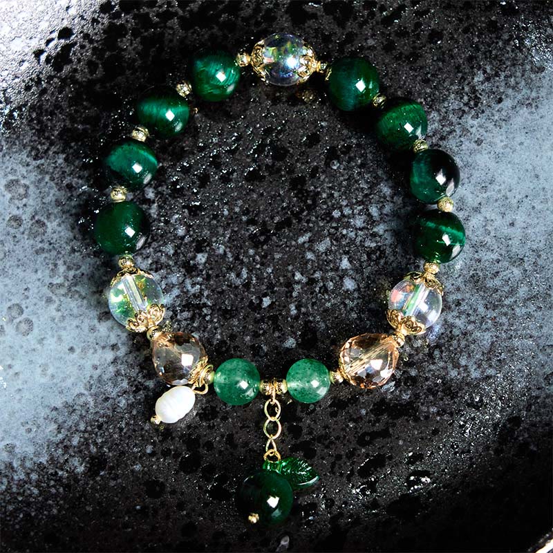 Buddha Stones Natural Green Tiger Eye Beads Green Leaf Positive Bracelet