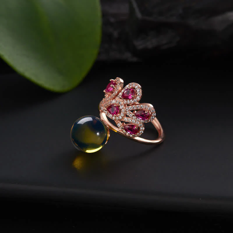 Buddha Stones Peacock Amber Fortune Love Necklace Pendant Ring