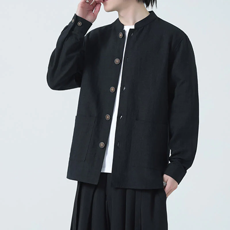 Buddha Stones Men's Button Ramie Linen Cotton Fleece Lined Jacket Shirt With Pockets