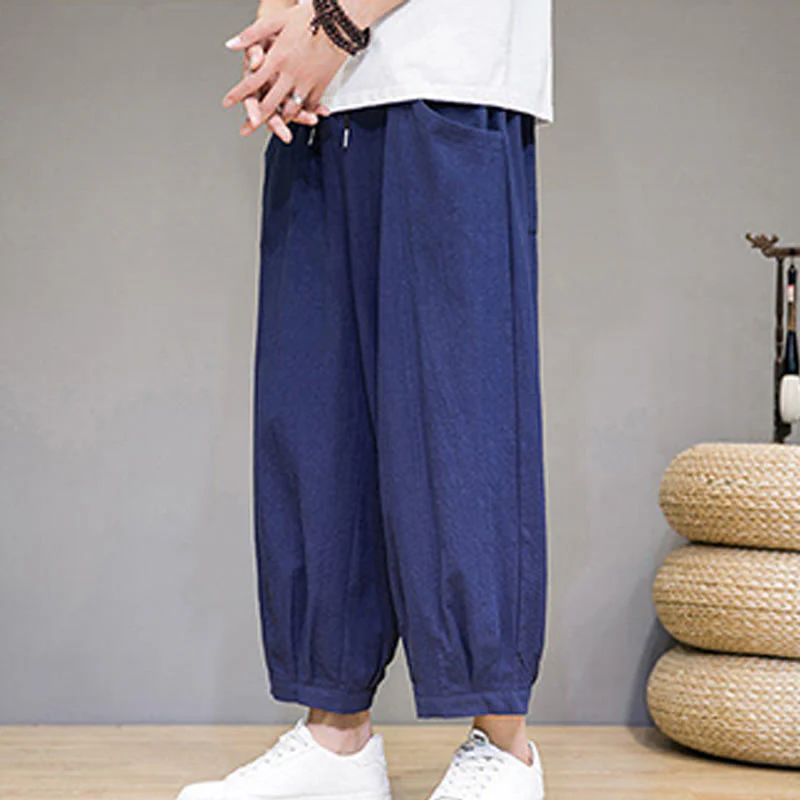 Buddha Stones Simple Cotton Men's Cropped Capri Harem Pants With Pockets