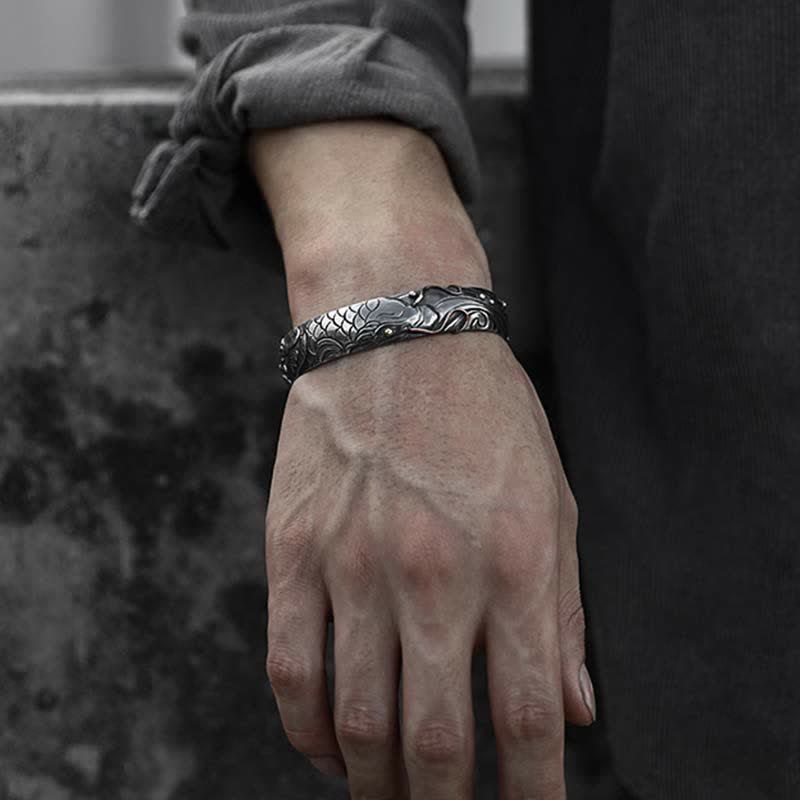 Buddha Stones 999 Sterling Silver 990 Gold Koi Fish Luck Wealth Success Bracelet Bangle