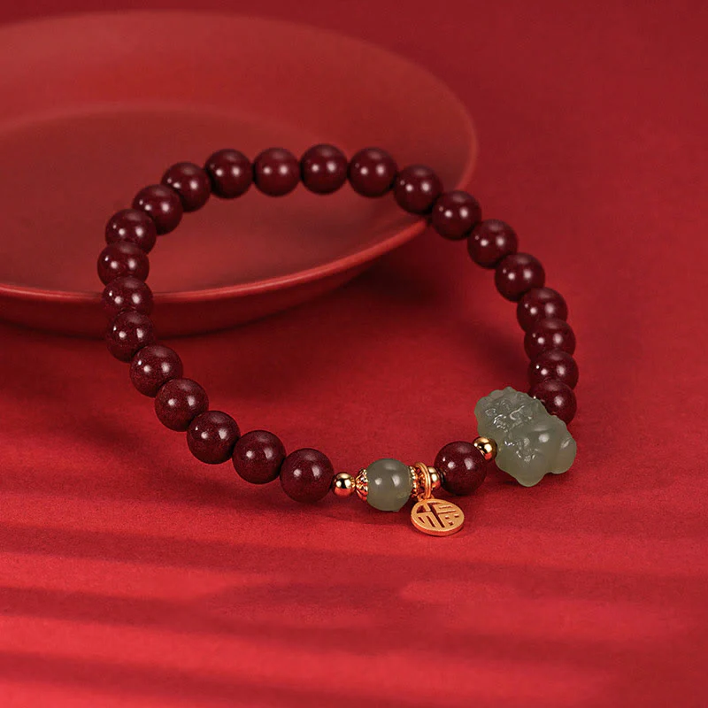 Buddha Stones 925 Sterling Silver Year of the Dragon Natural Cinnabar Hetian Jade Dragon Fu Character Ruyi As One Wishes Charm Blessing Bracelet