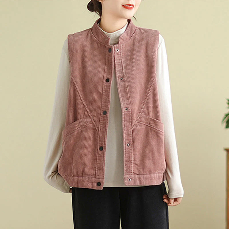 Buddha Stones Plain Sleeveless Women's Cotton Vest Corduroy Waistcoat With Pockets