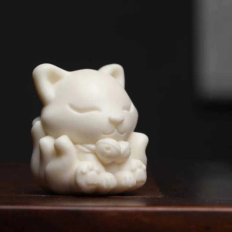 Buddha Stones Mini Nine Tailed Fox Ivory Fruit Sandalwood Green Sandalwood Blessing Decoration