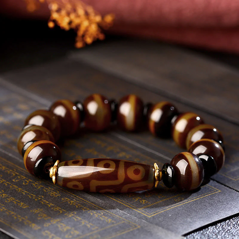 Buddha Stones Tibetan Natural Nine-Eye Dzi Bead Agate Wealth Blessings Bracelet