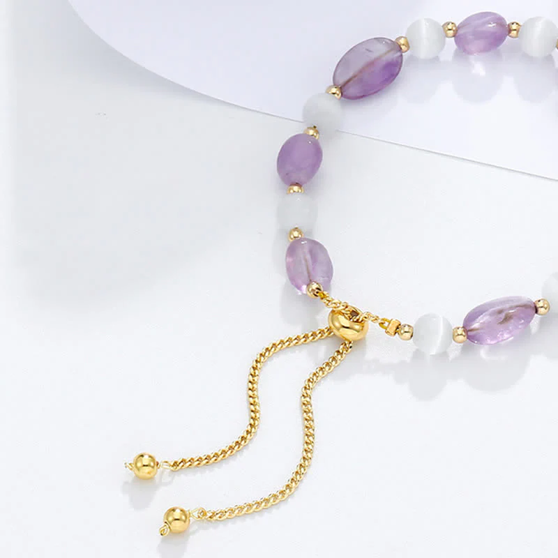 Buddha Stones Amethyst Pink Crystal Black Rutilated Quartz Spiritual Awareness Bracelet