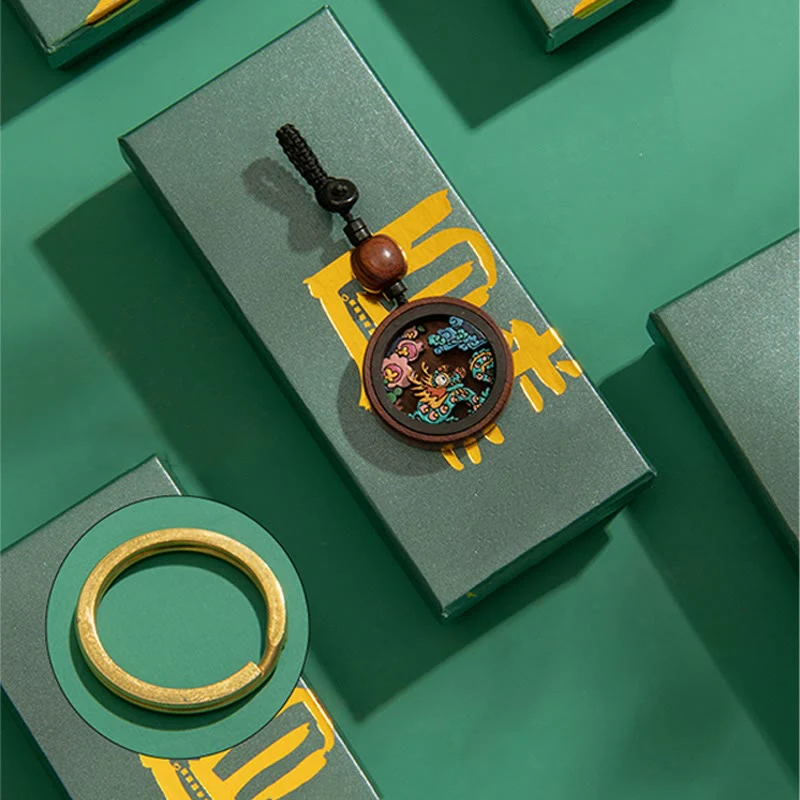 Buddha Stones Year Of The Dragon Hand Painted Chinese Zodiac Rosewood Carved Calm Key Chain