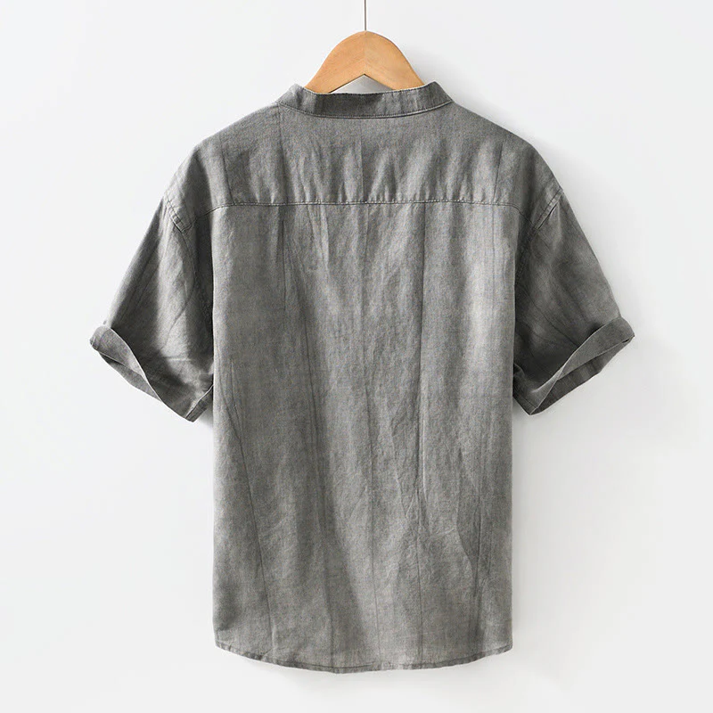 Buddha Stones Vintage Simple Buttons Design Men's Short Sleeve Cotton Linen Shirt With Pocket