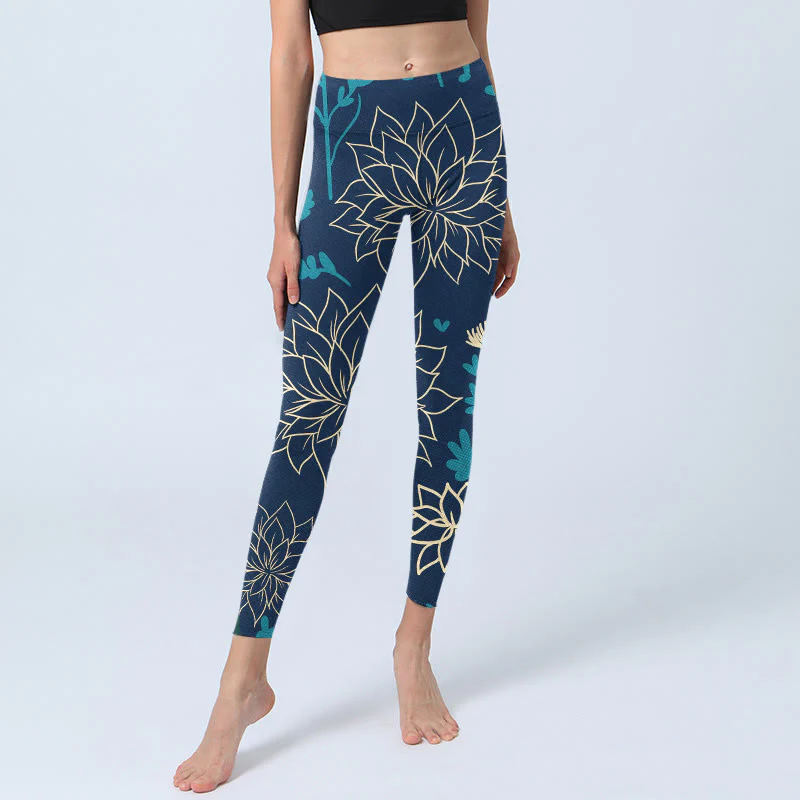 Buddha Stones Beige Flowers Blue Leaves Print Gym Leggings Women's Yoga Pants