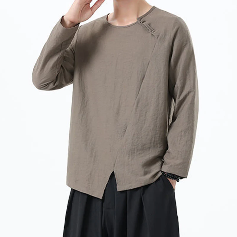 Buddha Stones Men's Long Sleeve Round Collar Comfort Cotton Linen Shirt