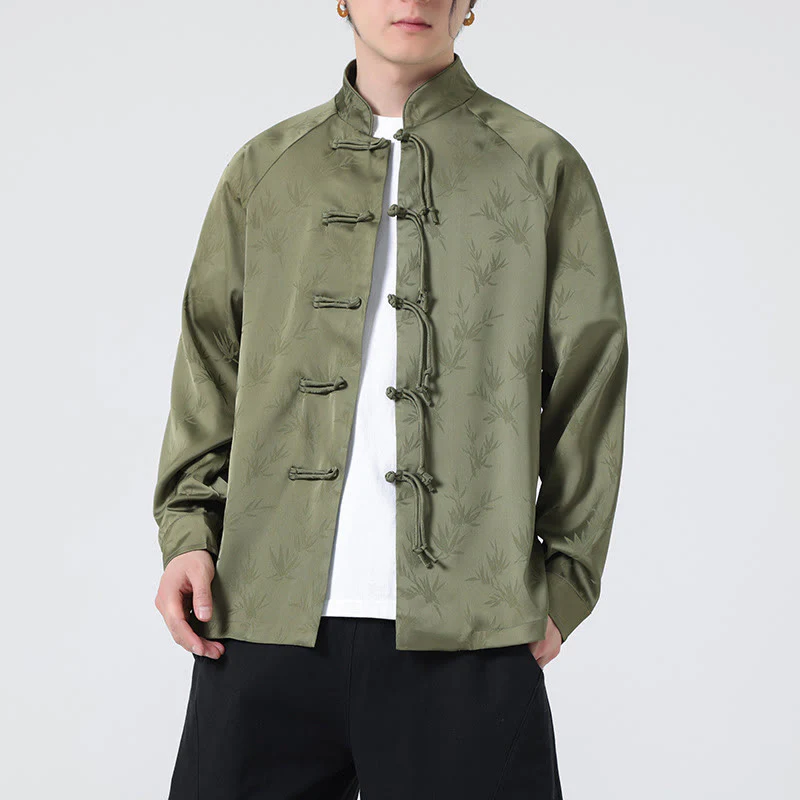 Buddha Stones Spring Jacquard Bamboo Leaves Pattern Chinese Frog-Button Design Men's Long Sleeve Shirt