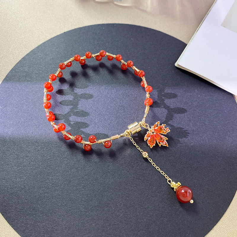 Buddha Stones Red Maple Leaf Luck Charm Bracelet