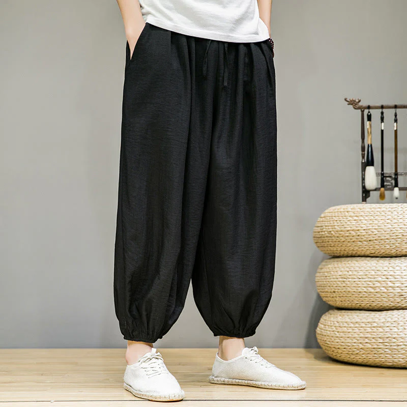 Buddha Stones Summer Plain Drawstring Men's Ankle-Length Cotton Harem Pants With Pockets