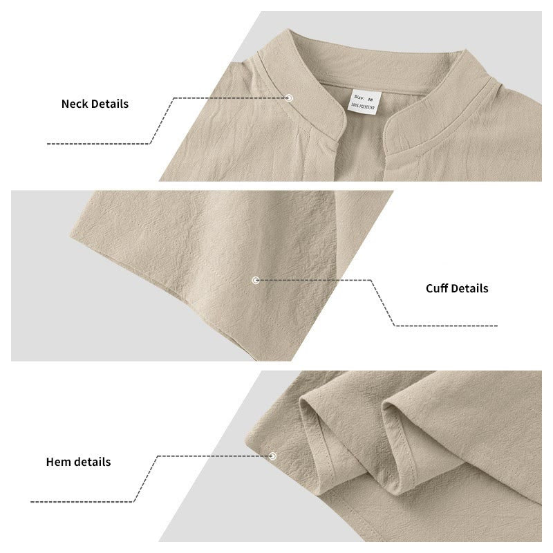 Buddha Stones Solid Summer Short Sleeve Half Buttons Linen Men's Shirt