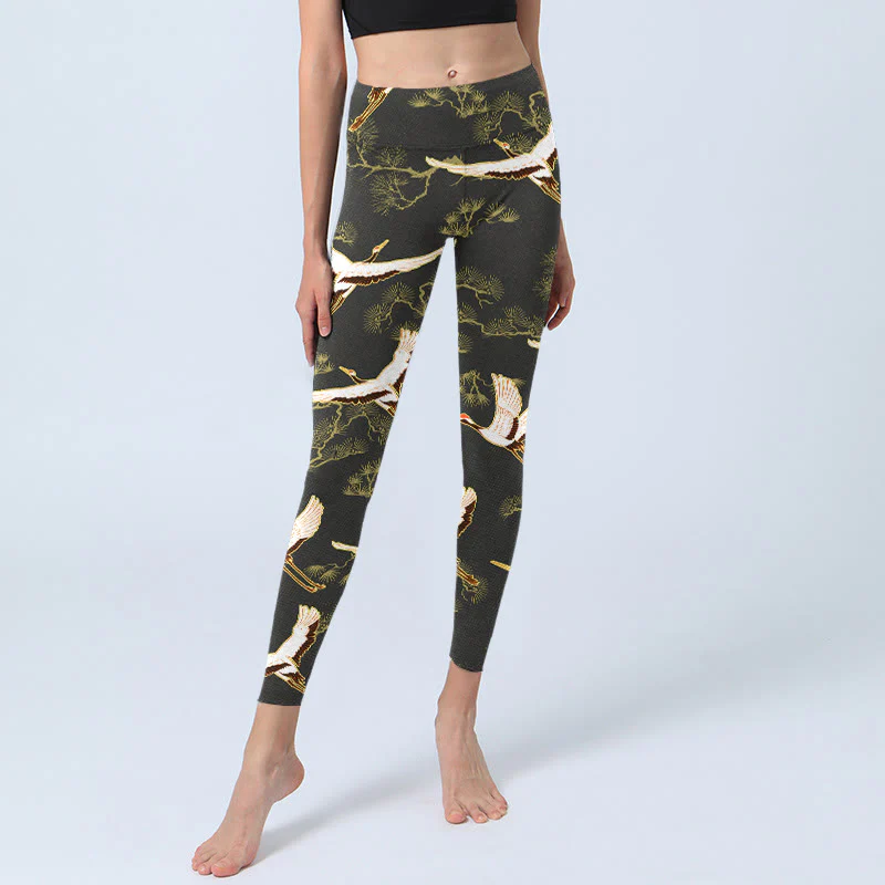 Buddha Stones Soaring Crane Pine Tree Pattern Print Gym Leggings Women's Yoga Pants