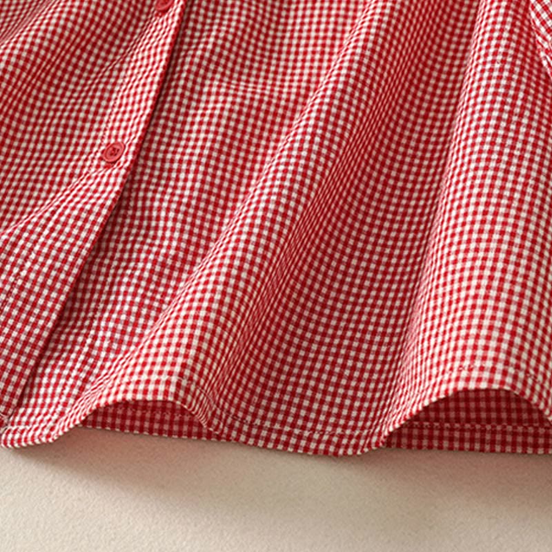 Buddha Stones Spring Plaid Ruffled Crew Neck Design Three Quarter Sleeve Cotton Women's Shirt