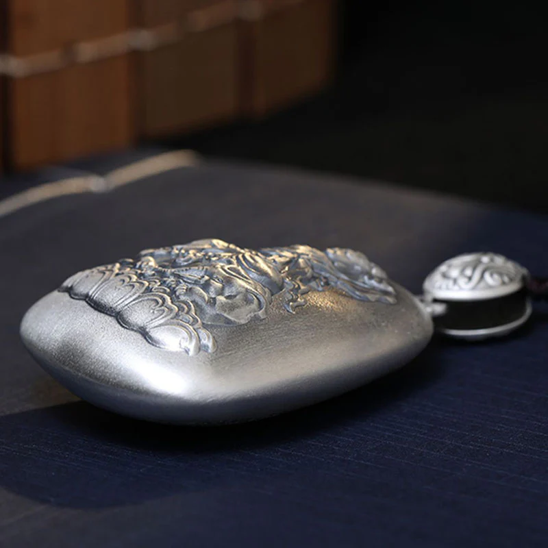 Buddha Stones 999 Sterling Silver Chinese Zodiac Natal Buddha Heart Sutra Engraved Protection Necklace Pendant