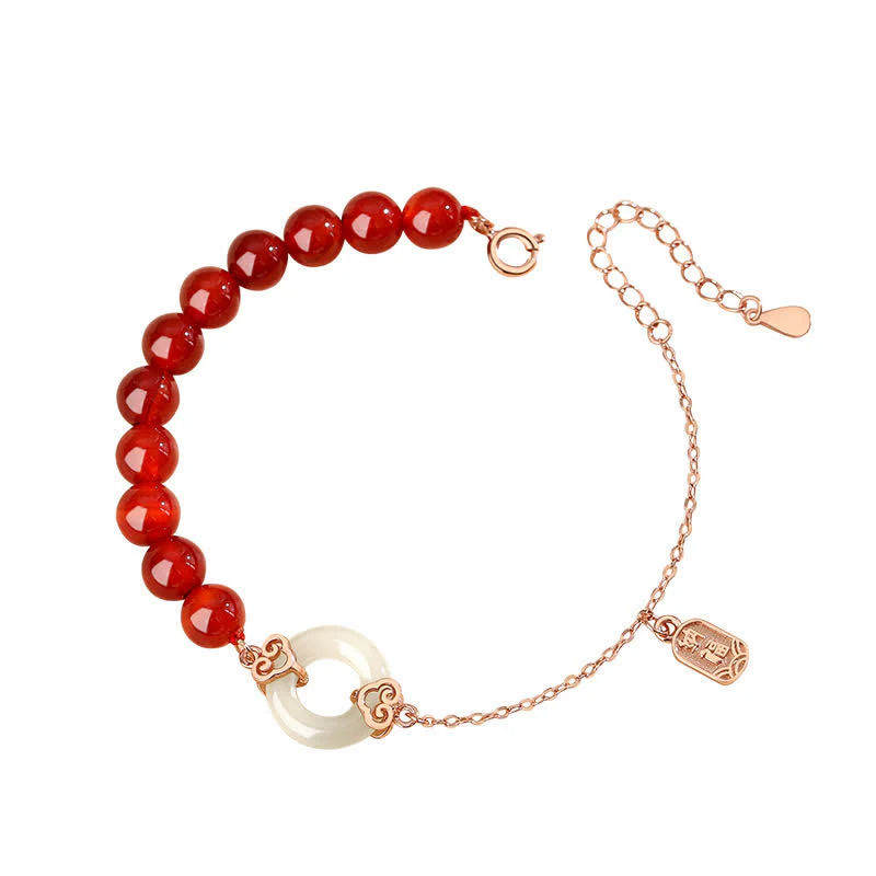 Buddha Stones 925 Sterling Silver Natural Red Agate White Jade Peace Buckle Confidence Bracelet