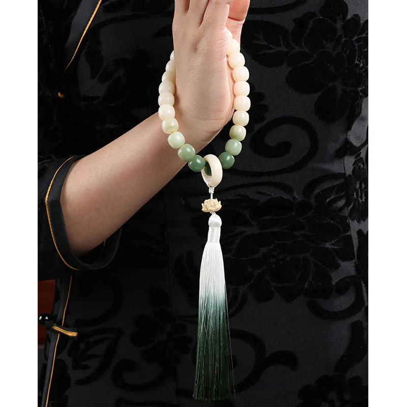 Buddha Stones Natural Gradient Bodhi Seed Fortune Money Bag Lotus Wisdom Tassel Wrist Mala