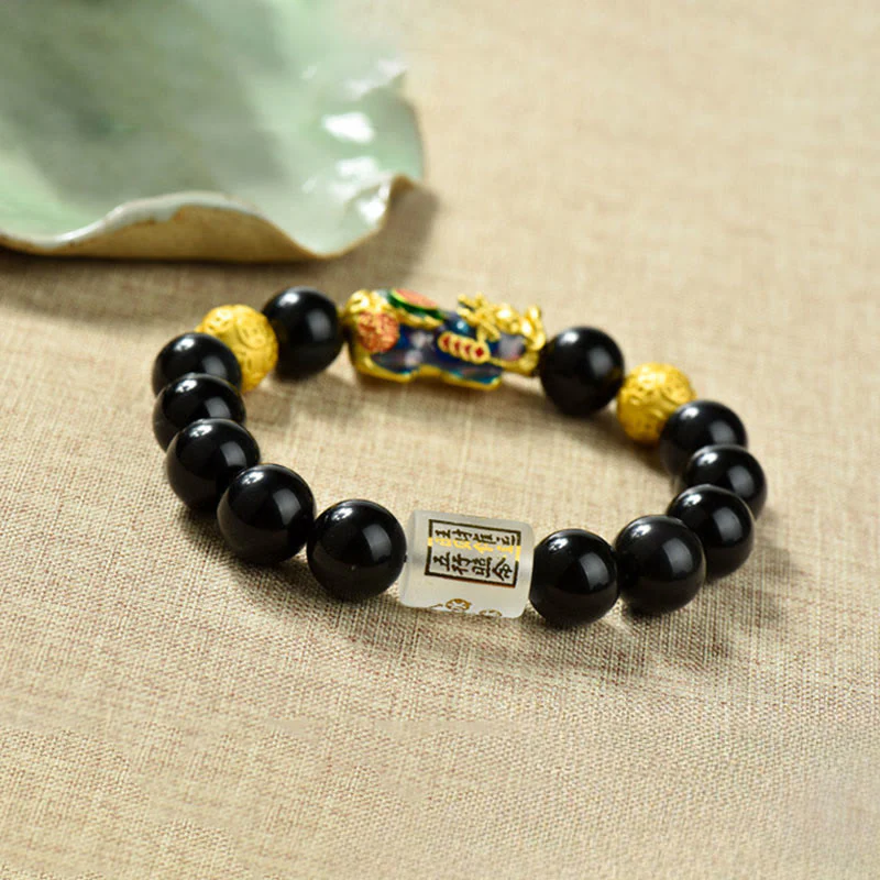 Buddha Stones Fengshui Copper Pixiu Rainbow Obsidian Beads Wealth Bracelet