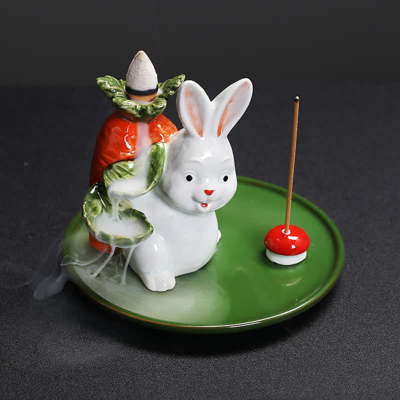 Year of the Rabbit Carrot Mushrooms Rabbit Ceramic Bunny Blessing Incense Burner (Extra 30% Off | USE CODE: FS30)