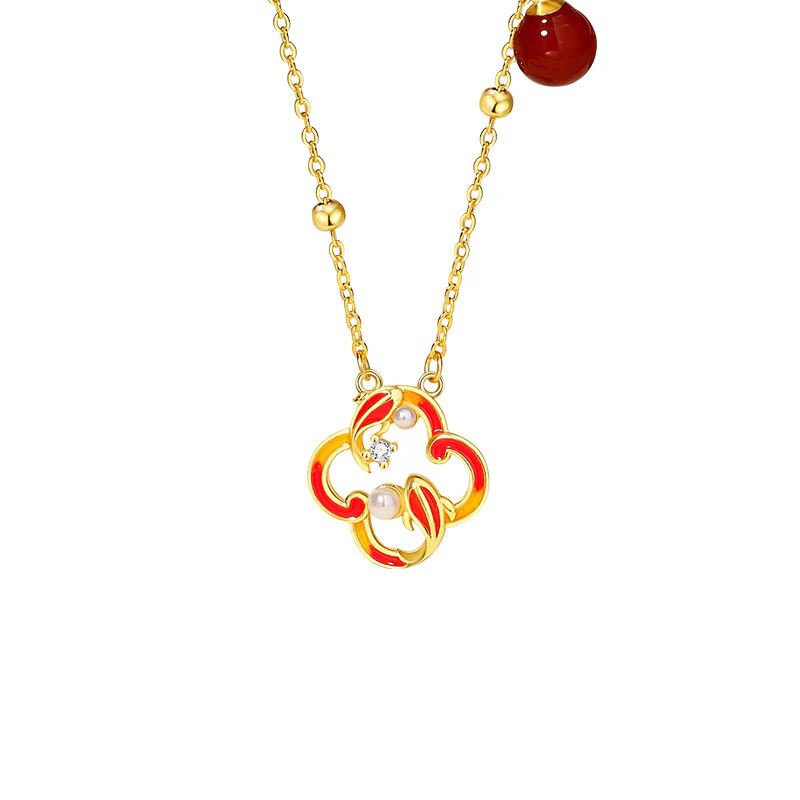 Buddha Stones 925 Sterling Silver Four Leaf Clover Koi Fish Red Agate Pearl Wealth Bracelet Necklace Pendant Earrings Set