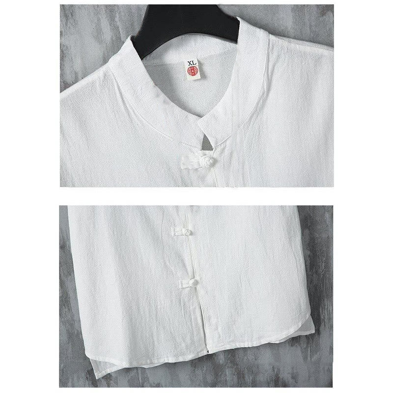 Buddha Stones Summer Plain Tang Suit Frog-Button Design Men's Short Sleeve Cotton Shirt