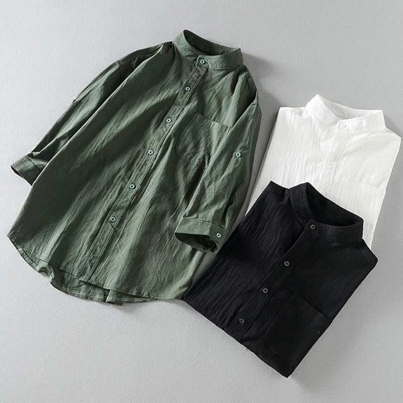 Buddha Stones Summer Solid Men's Buttons Half Sleeve Cotton Linen Shirt