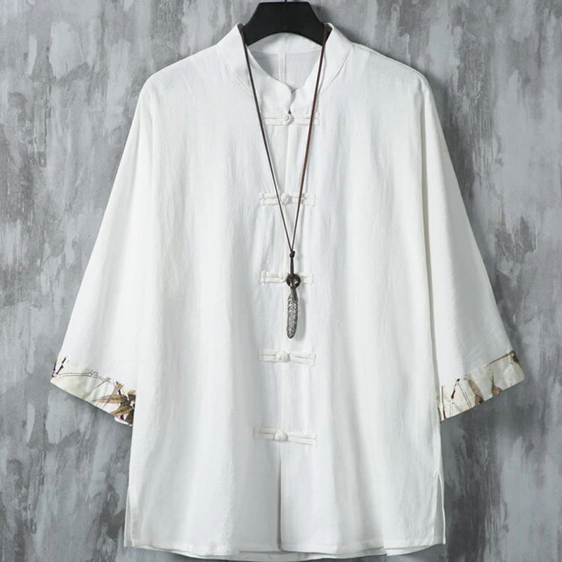 Buddha Stones Summer Plain Chinese Frog-button Patchwork Design Cotton Linen Men's Shirt Jacket