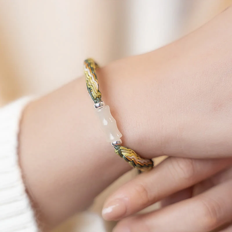 Buddha Stones White Jade Bamboo Reincarnation Knot Wealth Luck Strength String Bracelet