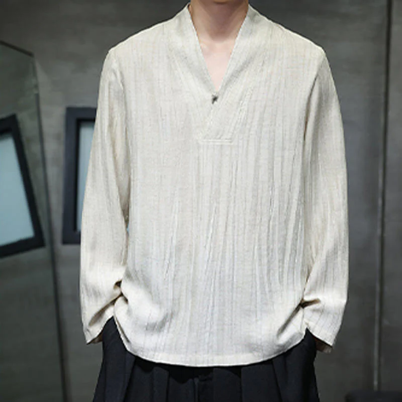 Buddha Stones Plain V-Neck Long Sleeve Men's Linen Shirt