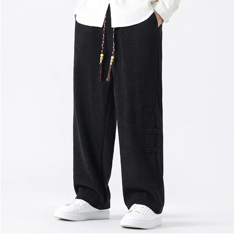Buddha Stones Plain Chinese Frog-Button Design Drawstring Men's Corduroy Pants With Pockets