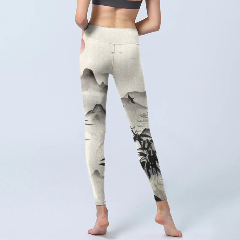 Buddha Stones Ink Bamboo Mountains Print Gym Leggings Women's Yoga Pants