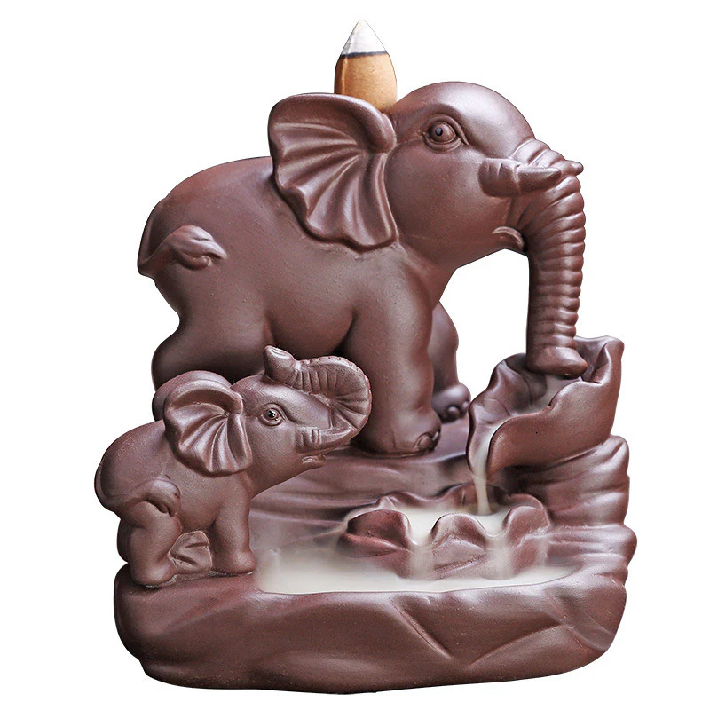 Buddha Stones Tibetan Elephant Purple Clay Backflow Smoke Fountain Protection Incense Burner Decoration