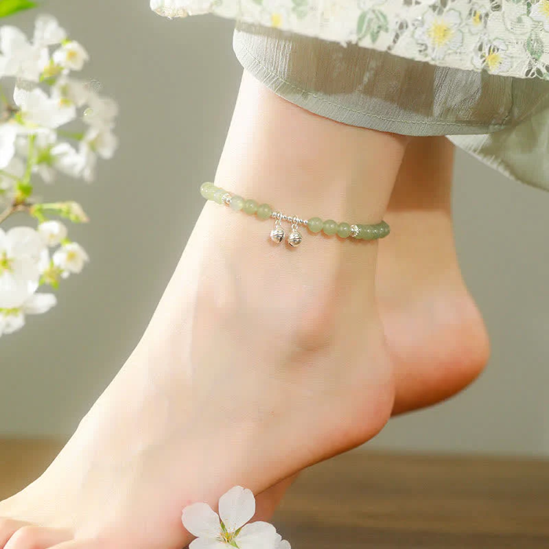 Buddha Stones 925 Sterling Silver Natural Hetian Jade Prosperity Bell Charm Anklet