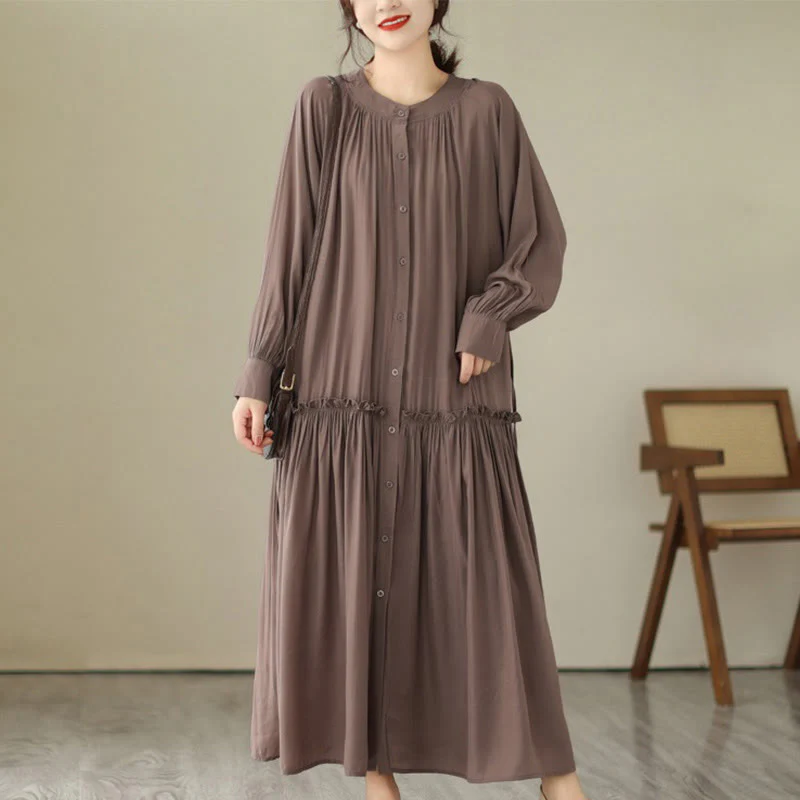 Buddha Stones Casual Plain Crew Neck Pleated Polyester Midi Dress With Pockets