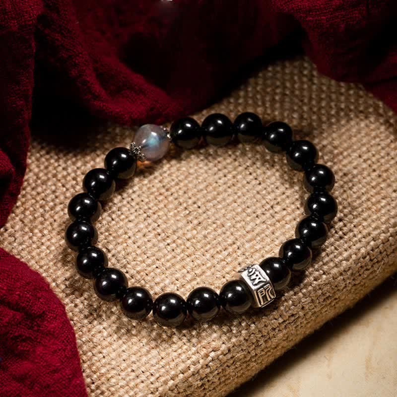 Buddha Stones Chinese Zodiac Natal Buddha 925 Sterling Silver Black Obsidian Moonstone Strength Bracelet