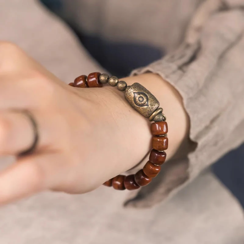 Buddha Stones Bone Beads Dzi Shape Copper Cone Pendant Strength Bracelet